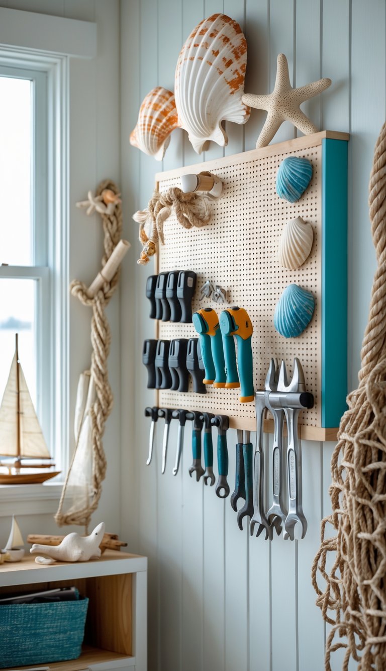 A garage wall with a pegboard holding tools and beach-themed decorations like seashells and starfish.