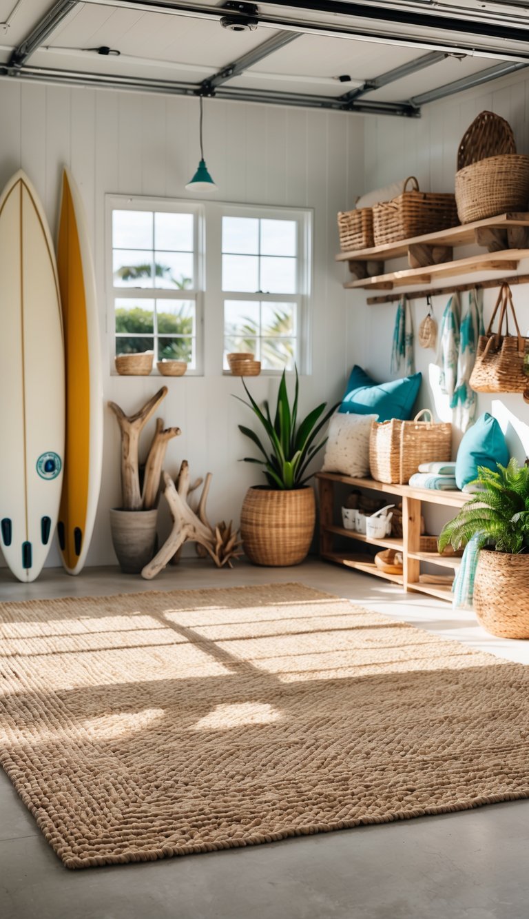 A beach house garage with natural fiber rugs, surfboards, wooden shelves, and sunlight streaming through large windows.