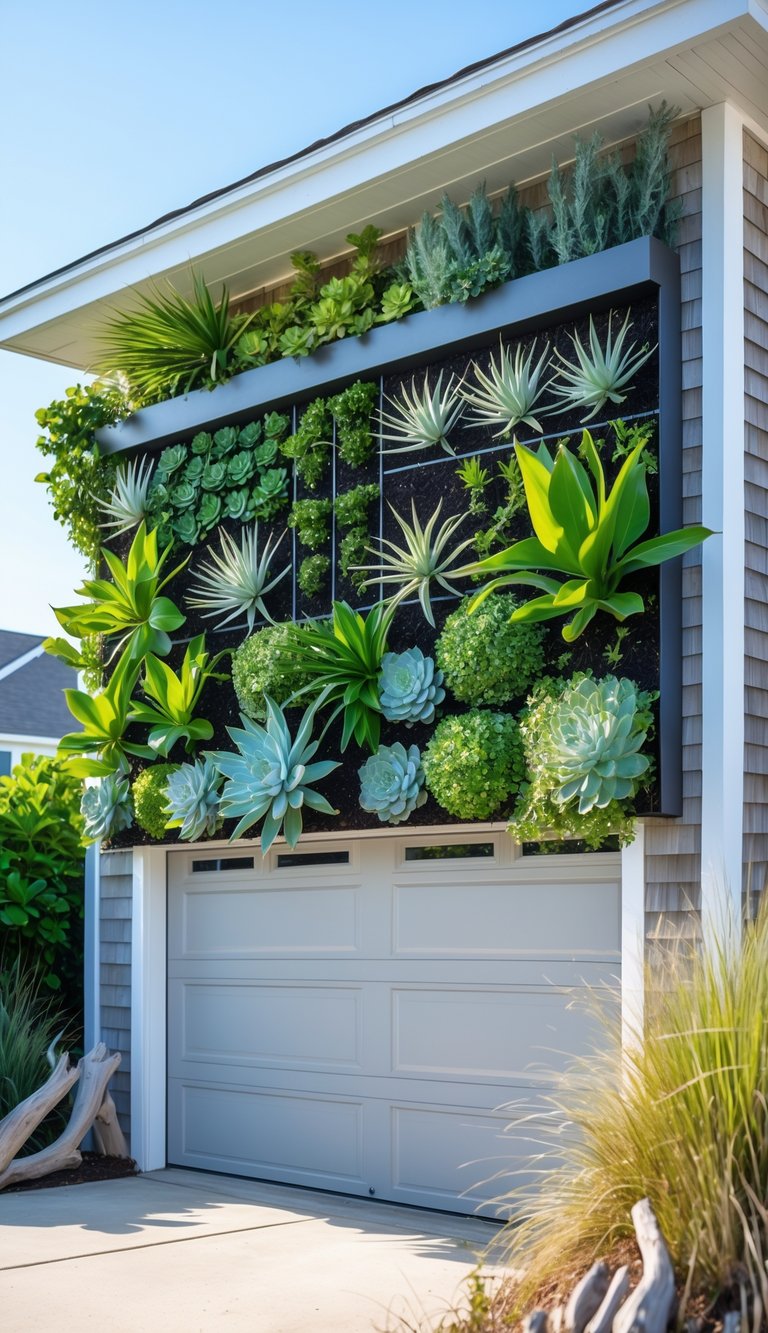 Vertical garden with salt-tolerant plants on a beach house garage exterior under a clear blue sky.