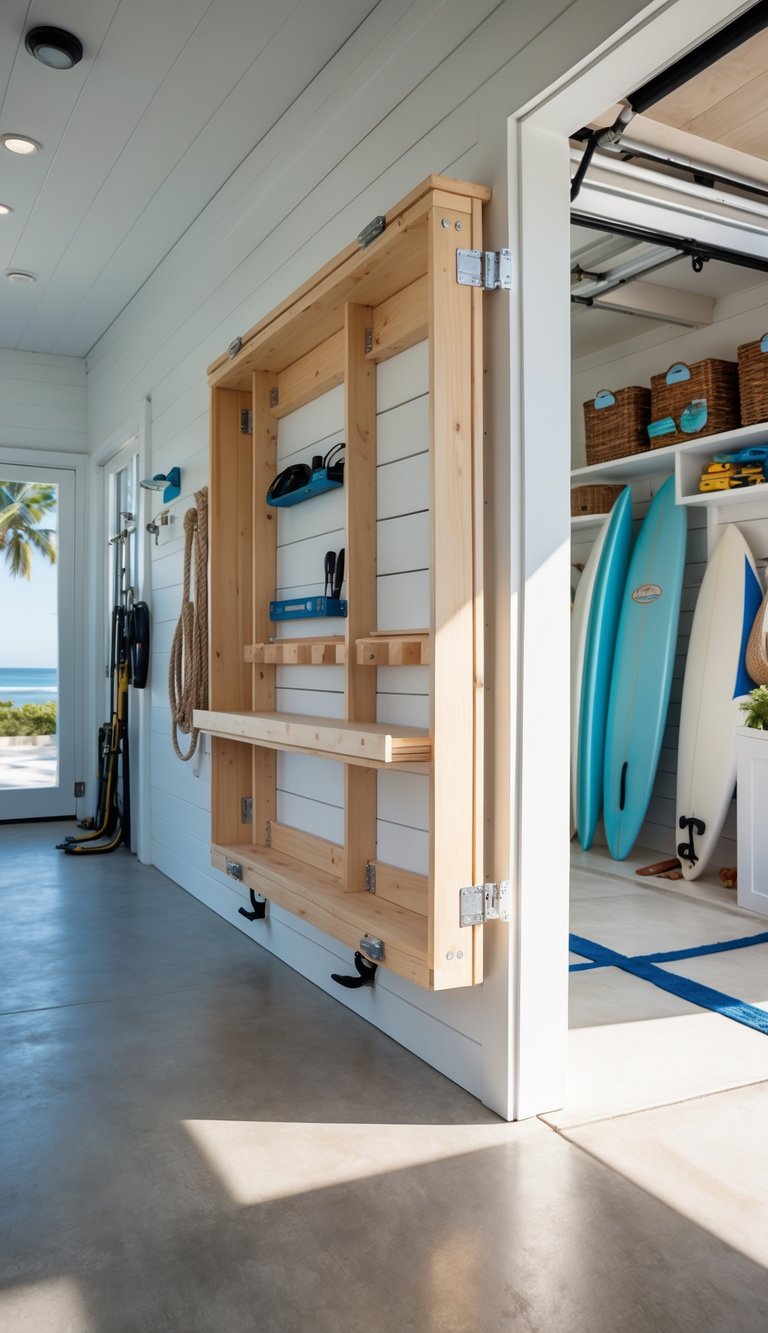 A bright beach house garage with a fold-down wooden workbench open against a white wall, surrounded by organized shelves and coastal decor.