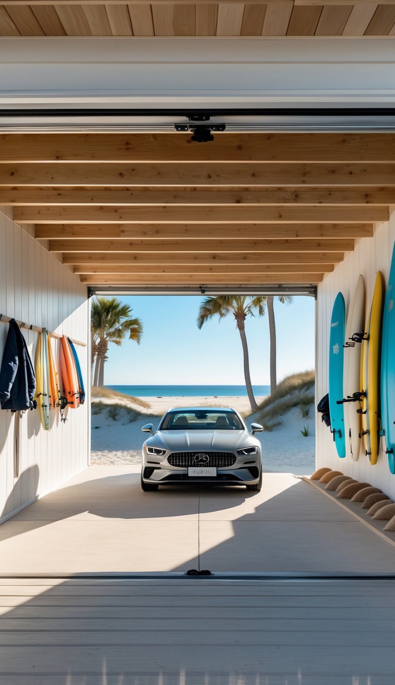Open-air garage at a beach house with a car, surfboards, and beach gear, overlooking sandy dunes and ocean.