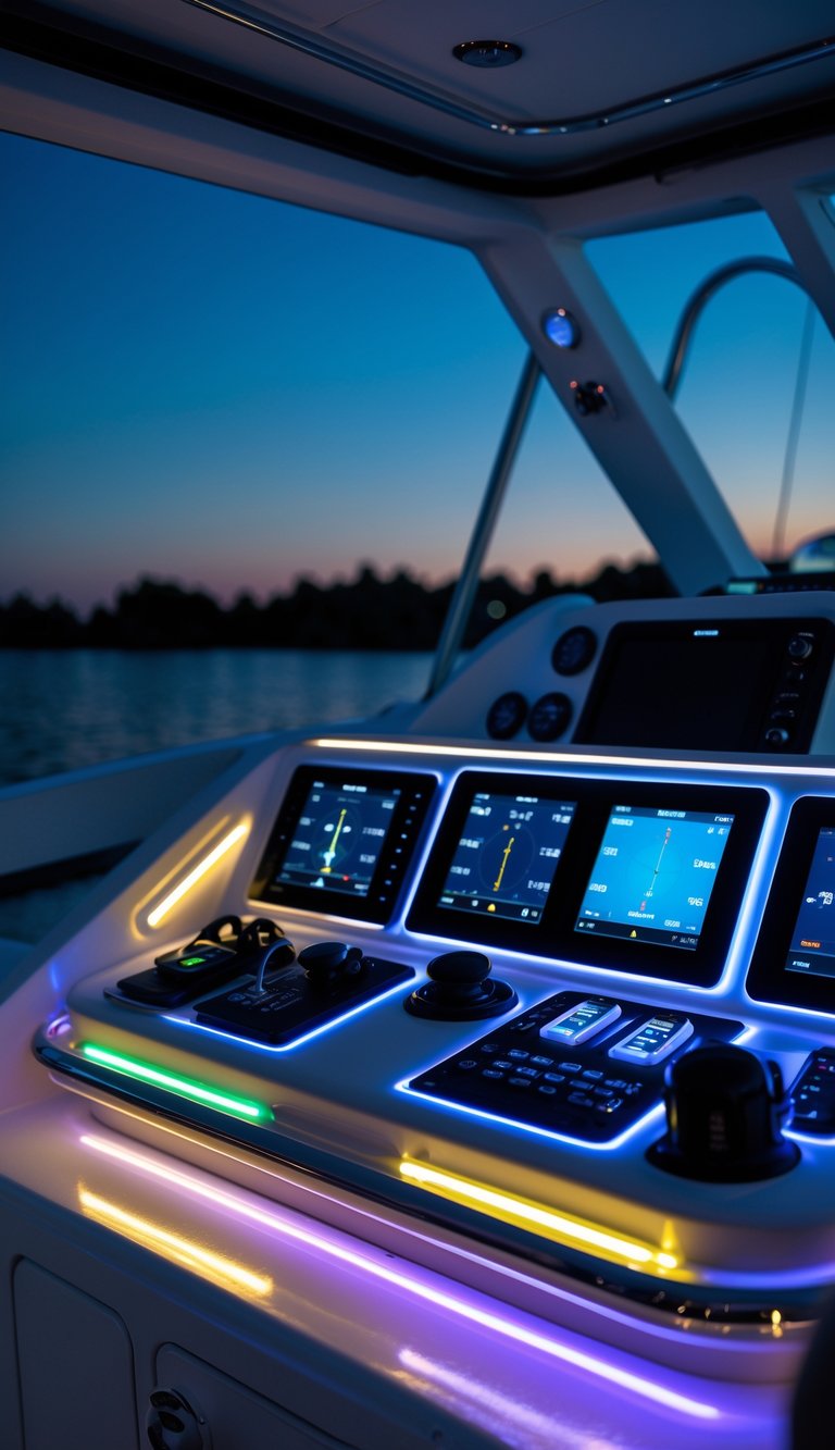 A boat navigation station at night with organized equipment and LED lighting for better visibility.