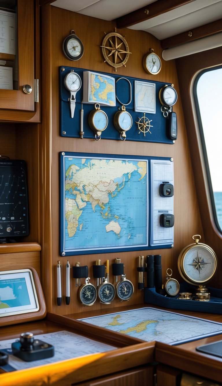 A boat navigation station with a magnetic strip board holding navigation tools above a wooden desk and a window showing the sea outside.