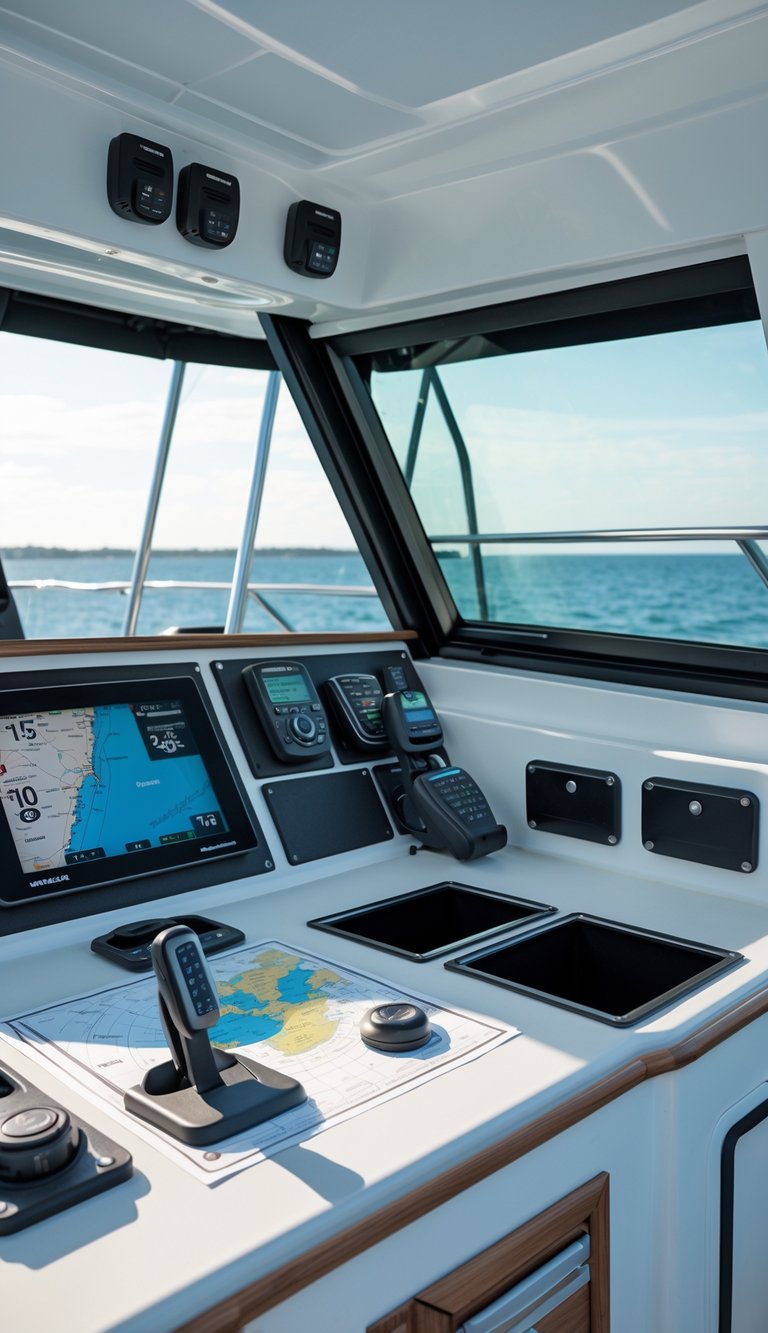 Boat navigation station with waterproof storage compartments and navigation instruments arranged neatly.