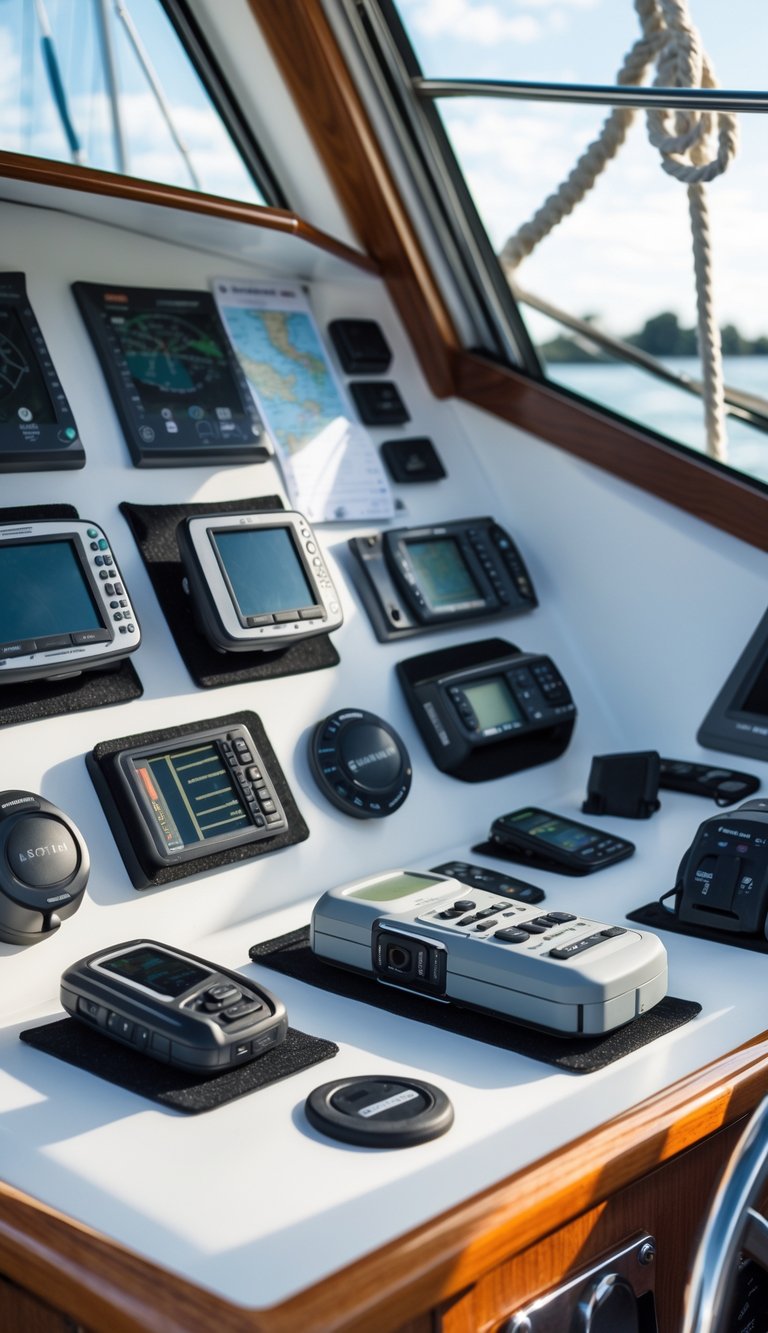 A boat navigation station with light equipment secured neatly using Velcro strips on a clean dashboard.