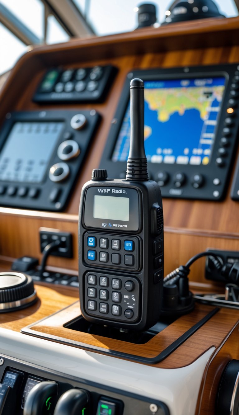 Compact VHF radio station integrated into a clean and organized boat navigation control panel with various navigation instruments.
