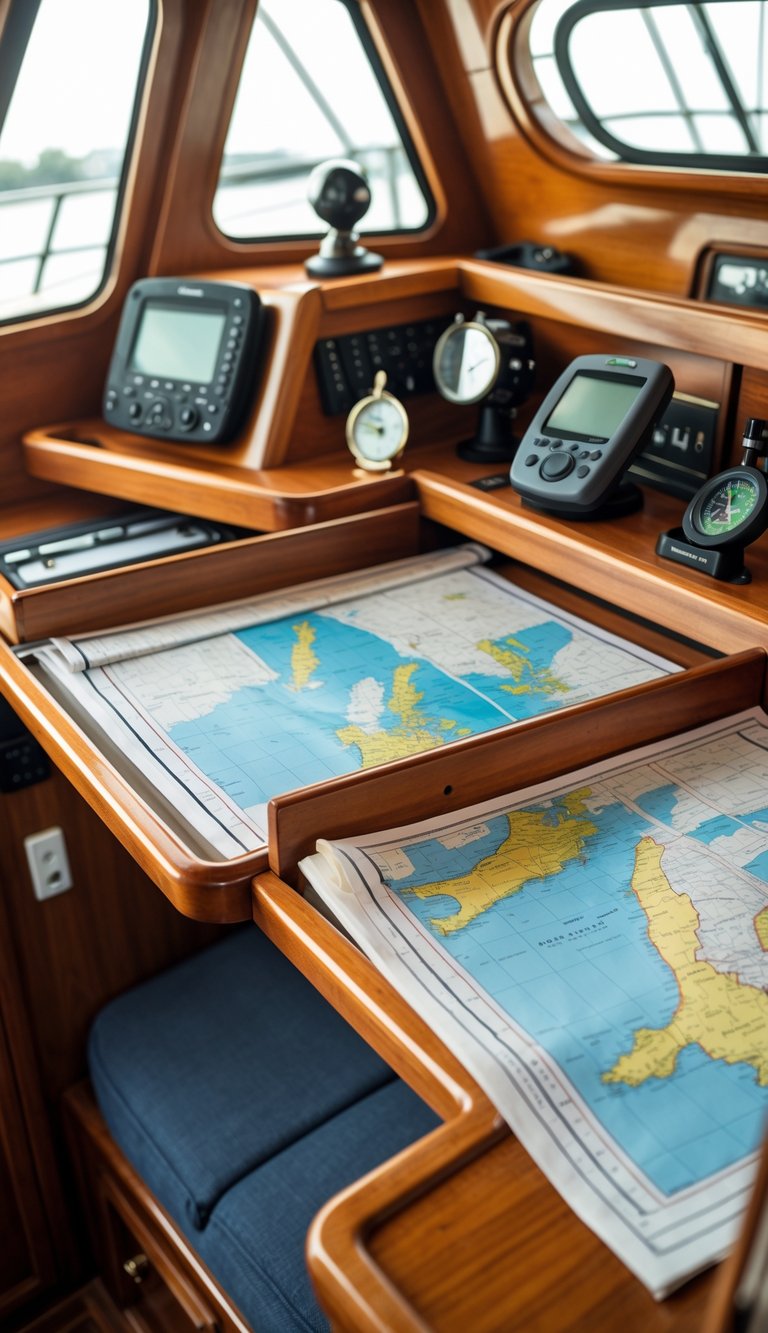 A boat navigation station with a fold-out chart table, navigational tools, and a tidy workspace inside a boat.