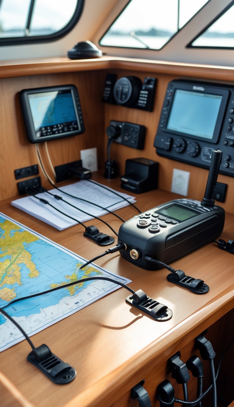 A tidy boat navigation station with cables neatly secured by clips around navigation instruments on a wooden desk.