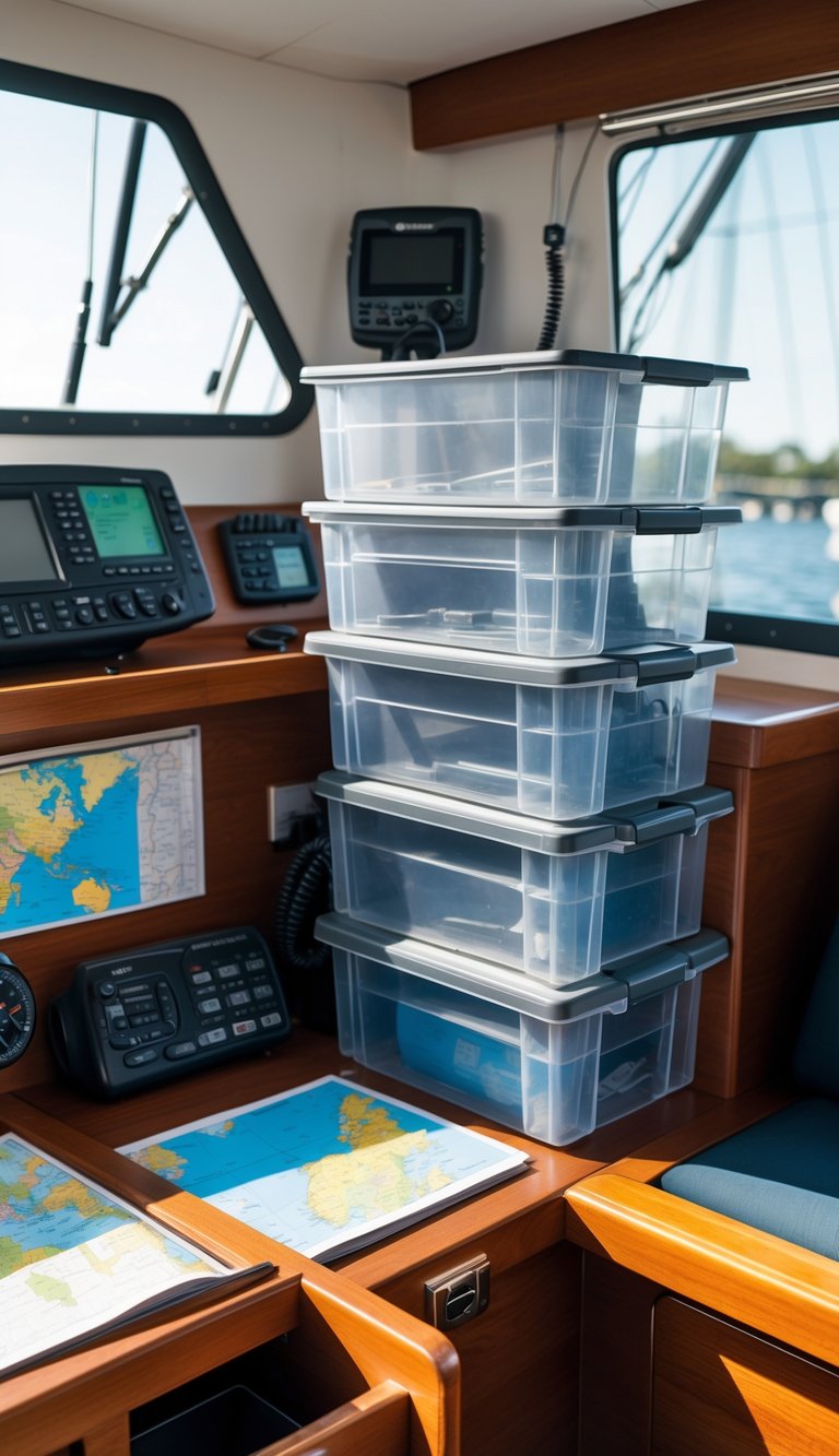 A boat navigation station with stackable plastic bins neatly organizing navigation tools and equipment.