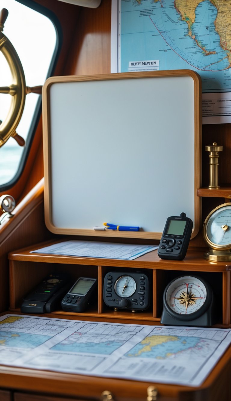 A small whiteboard mounted above a boat navigation station desk with nautical charts and instruments.