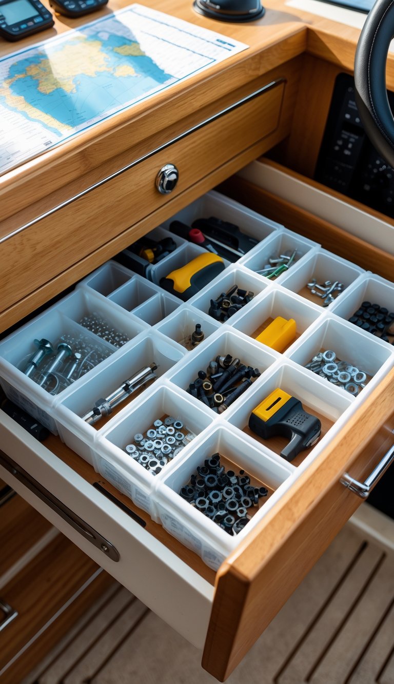 Open drawer at a boat navigation station showing organized small tools and parts in drawer organizers.