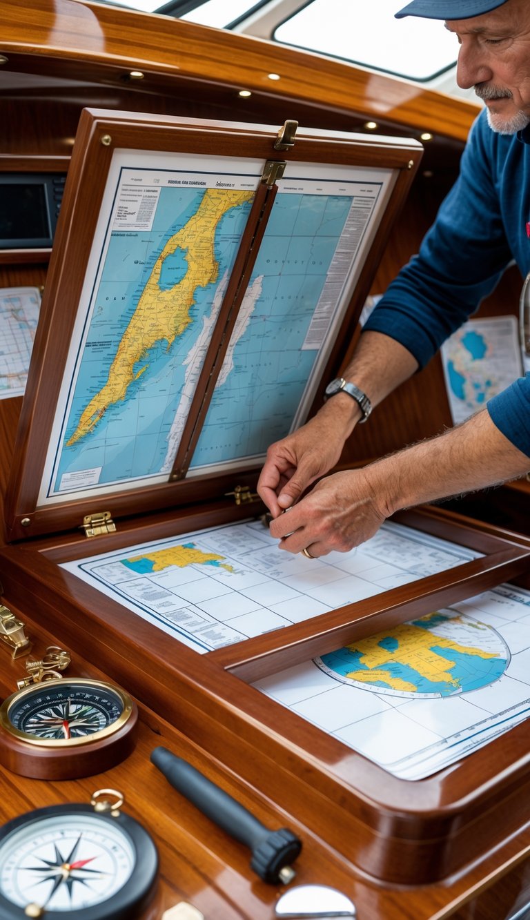 Hands installing a hinged cover on a wooden chart table at a boat navigation station with navigation tools and charts nearby.