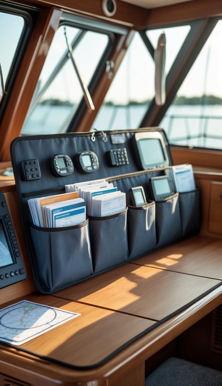 Boat navigation station with a hinged door featuring built-in pockets holding manuals, surrounded by navigation instruments and charts.