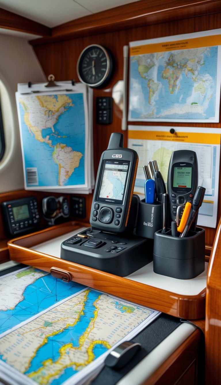 A boat navigation station with retractable pen holders organizing pens and tools on a tidy desk with nautical charts and equipment.