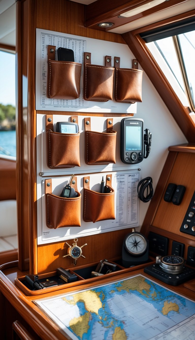 Boat navigation station with custom leather and fabric pouches holding small items, charts, and navigation tools neatly arranged.