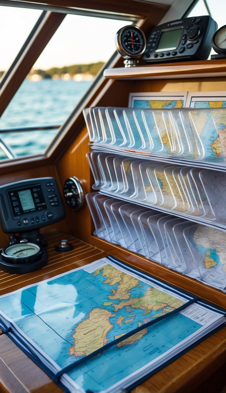 A boat navigation station with clear plastic sleeves holding paper charts neatly organized on a wooden desk alongside navigational instruments.