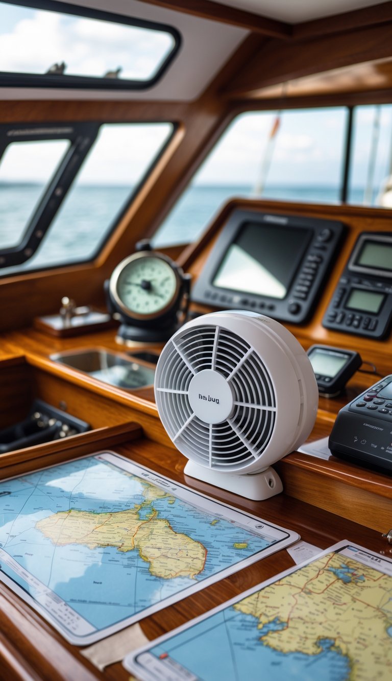 A boat navigation station with neatly arranged instruments and a small fan for ventilation inside a boat.