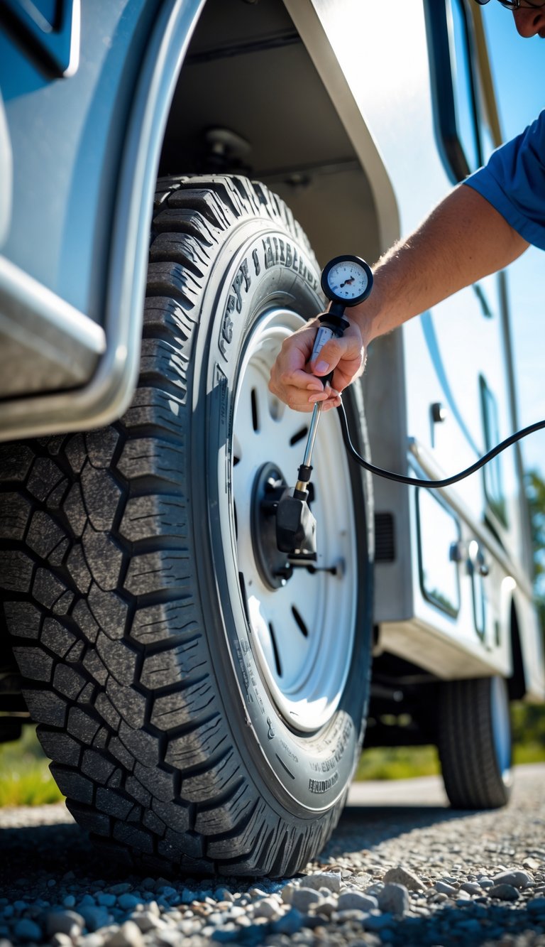 Person checking the tire pressure and tread depth of an RV tire outdoors during the day.