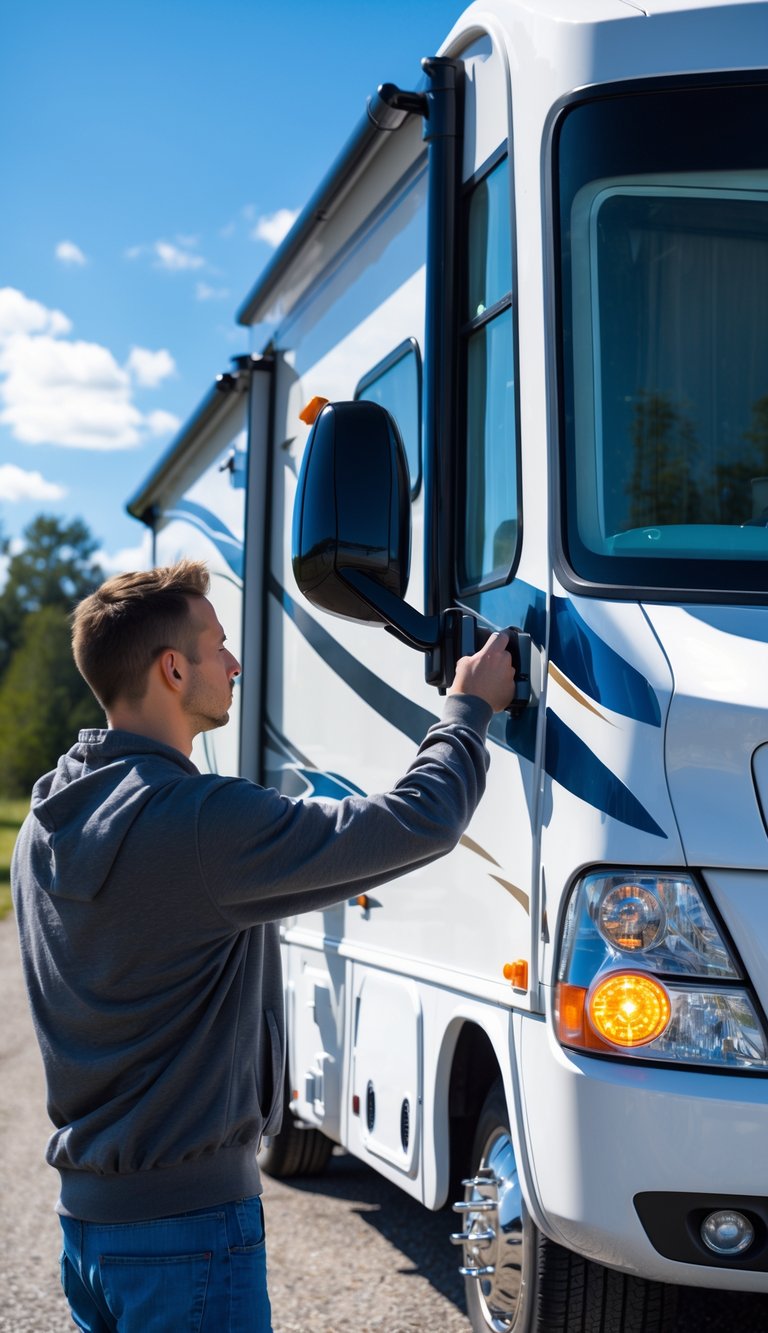Person checking the lights and signals on the side of a recreational vehicle outdoors.