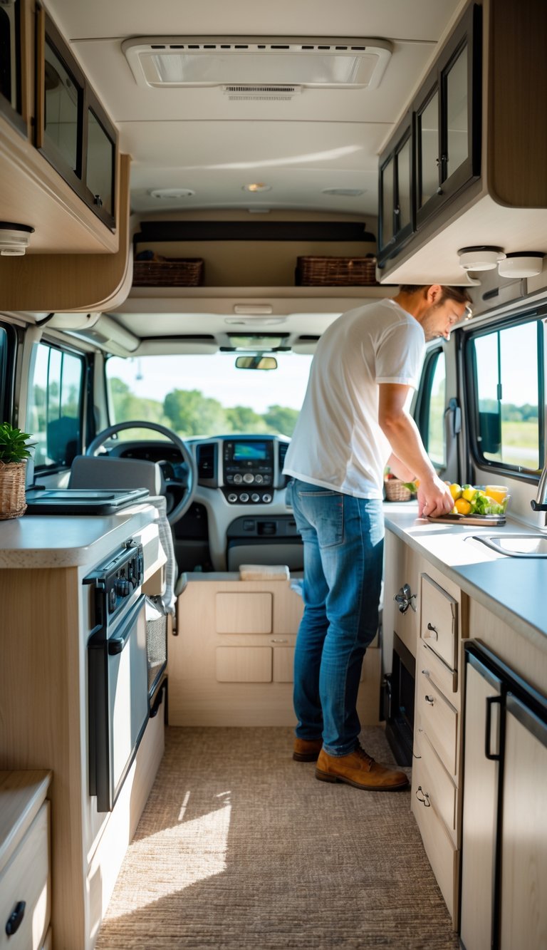 Person securing loose items inside a clean and organized RV interior during road trip preparation.