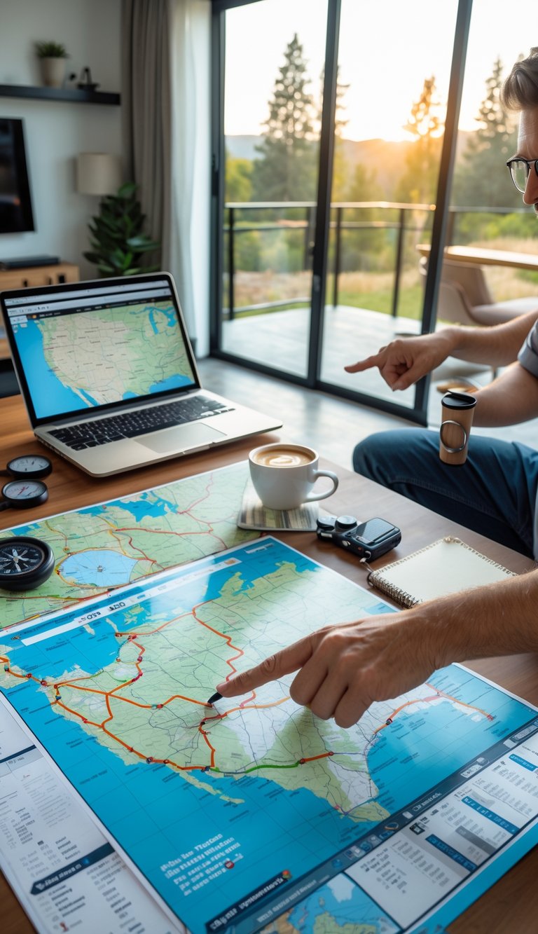 Person planning an RV road trip using maps and a laptop on a table in a bright room with a scenic view outside.