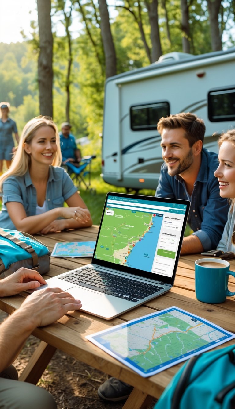 People booking campgrounds online outdoors with camping gear on a picnic table surrounded by trees.