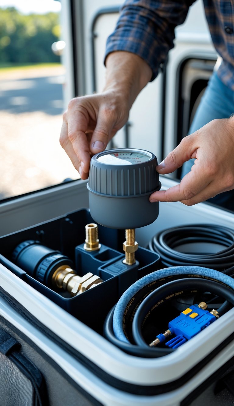 Person packing a portable water pressure regulator into an organized RV storage compartment with travel gear.