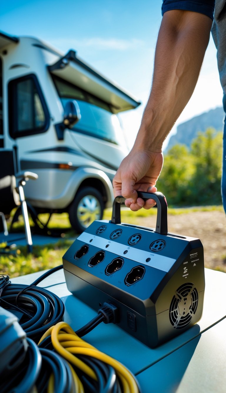Person holding a surge protector near an RV parked at a campsite with trees and clear sky.
