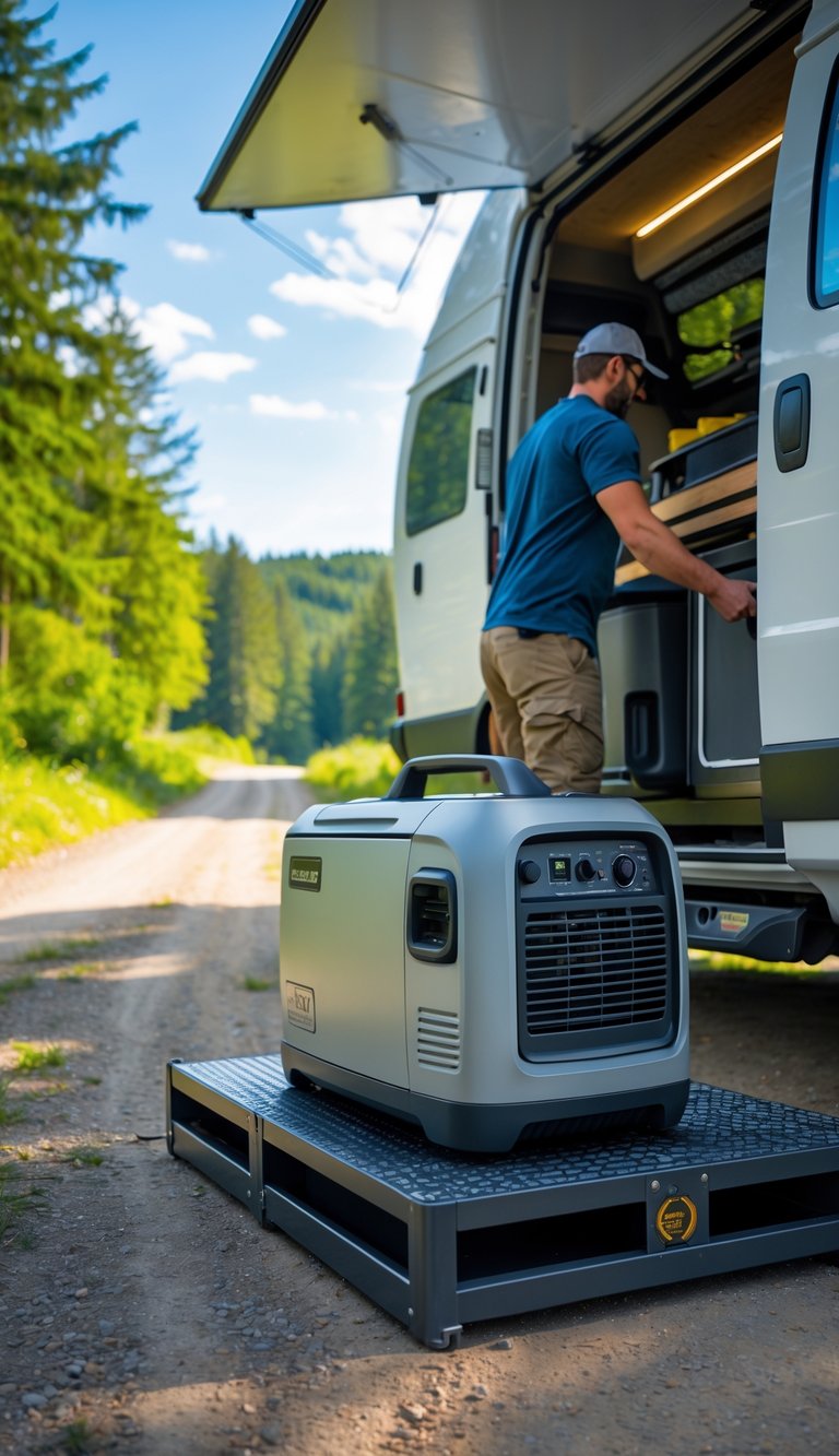 A portable generator being loaded into an RV parked outdoors surrounded by trees.