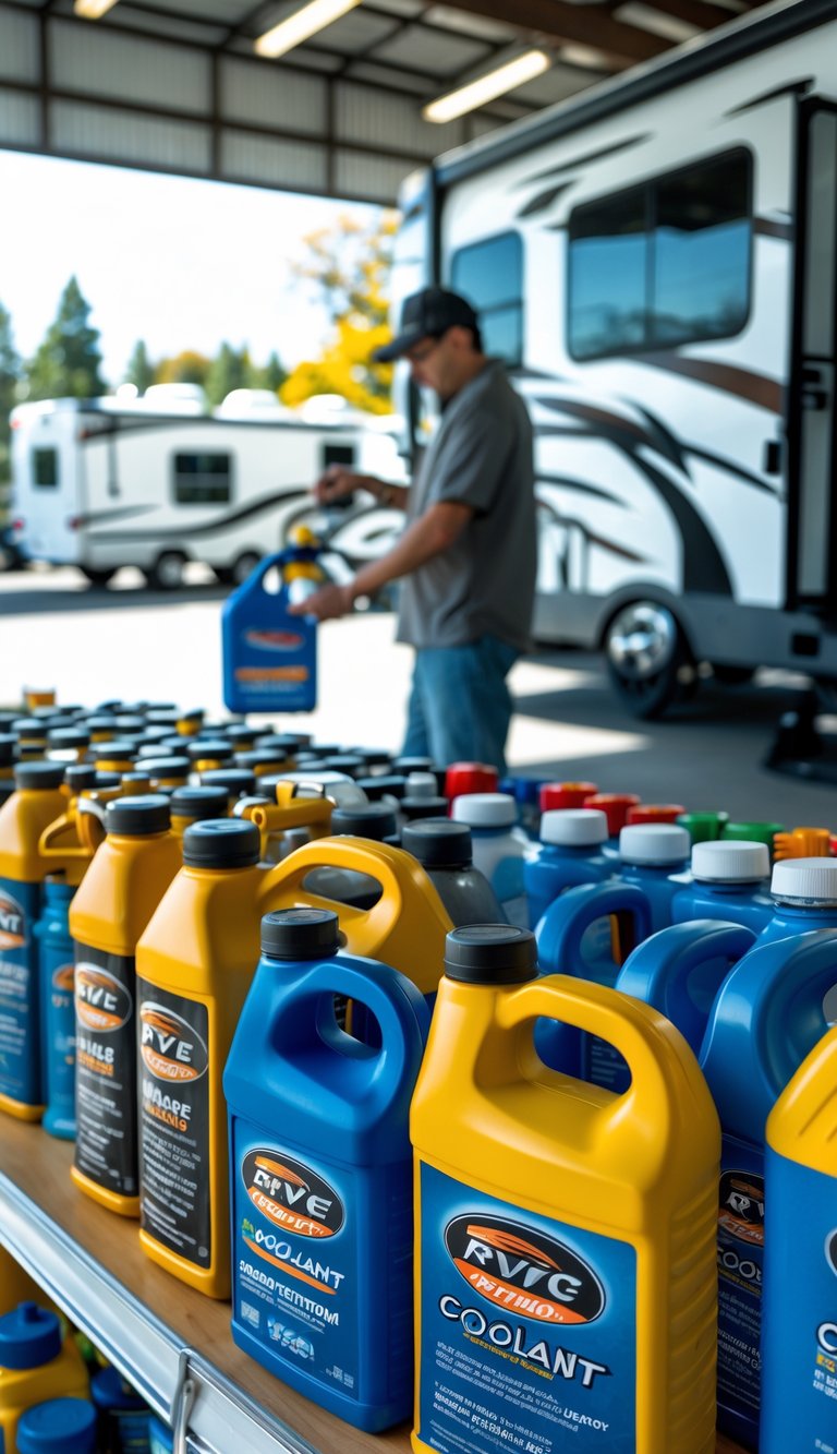 A person selecting motor oil and coolant for an RV in a well-lit auto parts store with an RV visible outside the window.