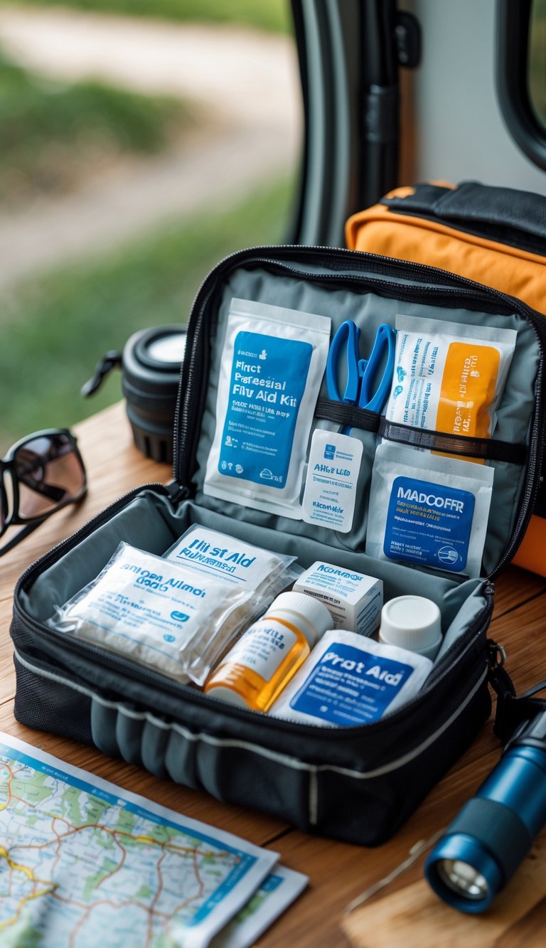 A neatly organized first aid kit with travel essentials on a wooden table, surrounded by travel gear including a map and sunglasses.