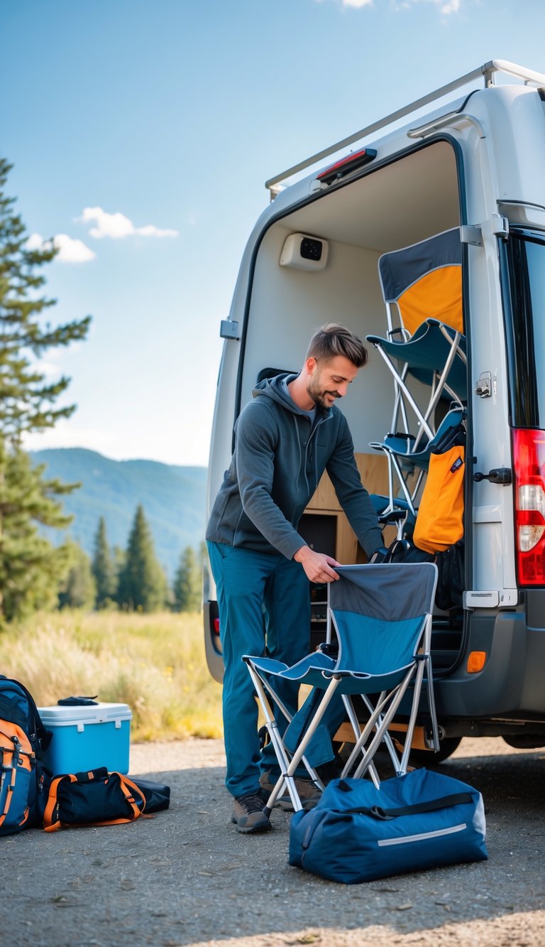 Person packing collapsible camping chairs into the back of an RV outdoors with trees and mountains in the background.