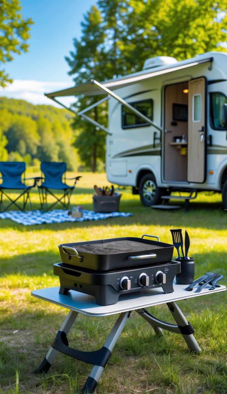 Compact outdoor grill set up at a campsite next to a parked RV with camping chairs and greenery around.