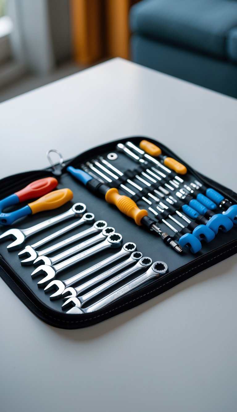 An open tool kit neatly organized with basic wrenches and screwdrivers arranged on a clean surface.