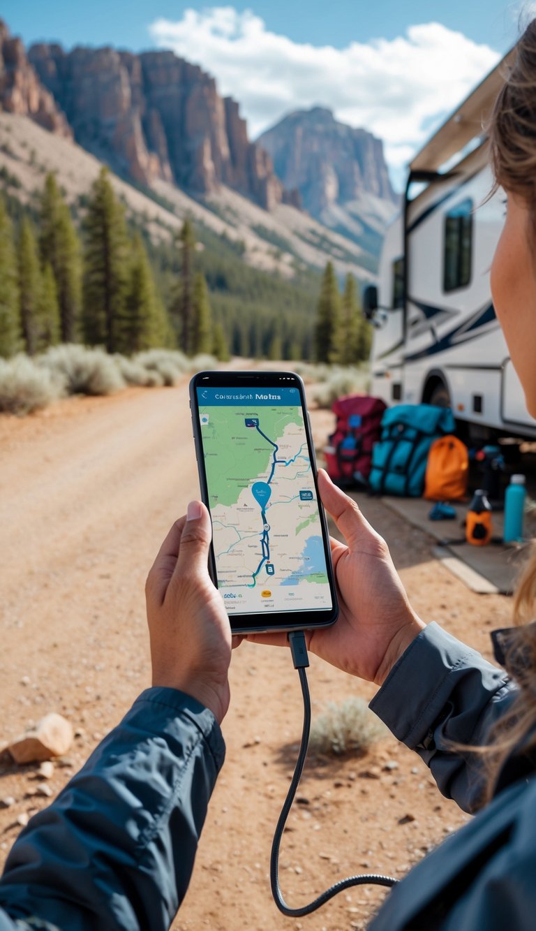 A person outdoors near an RV using a smartphone to download offline maps in a remote natural area with mountains and trees in the background.