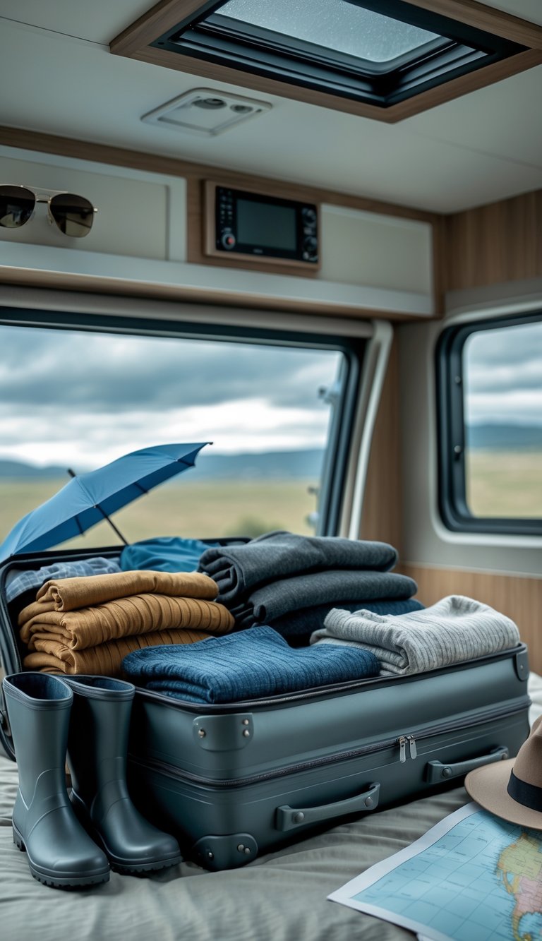 An open suitcase filled with rain jackets, boots, umbrellas, and layered clothing on a table, ready for a road trip.