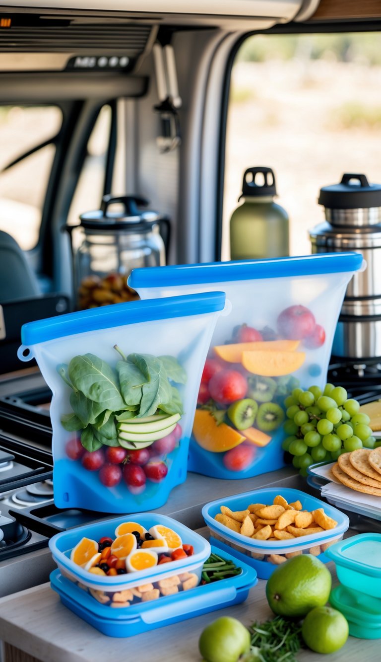 Reusable silicone food storage bags filled with fresh food arranged on a countertop in an RV kitchen setup.