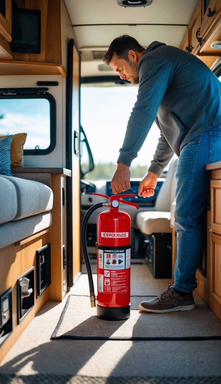 A person placing a fire extinguisher inside the interior of a recreational vehicle near the entrance.