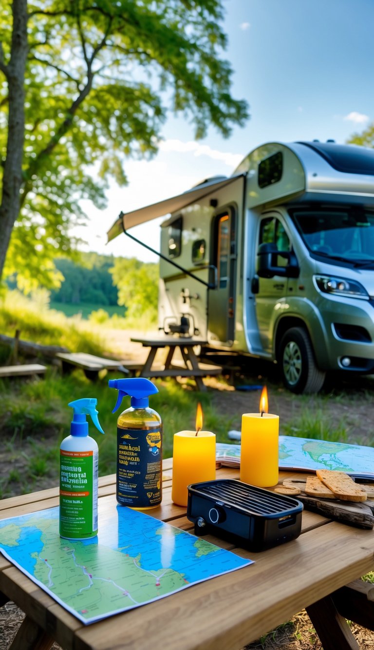 Outdoor camping setup beside an RV with insect repellent spray bottles and citronella candles on a picnic table surrounded by trees.