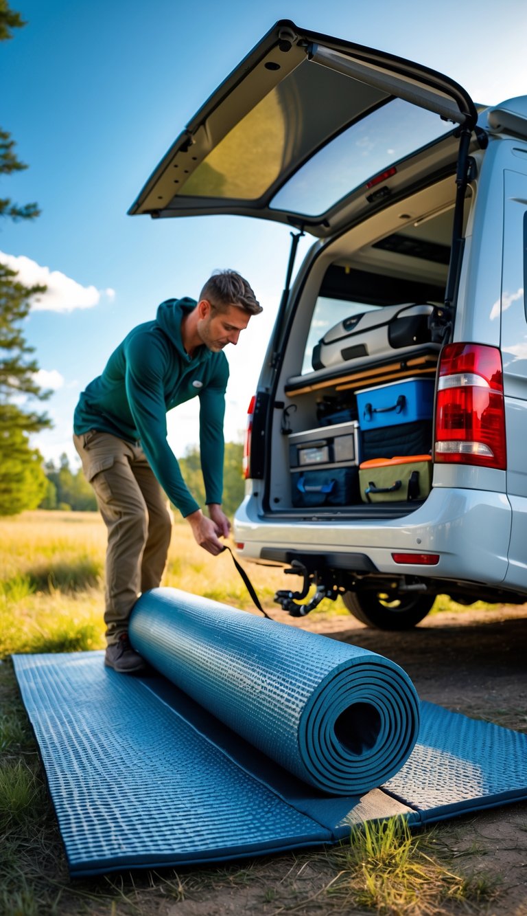 Person packing a durable outdoor mat into an RV with nature in the background.