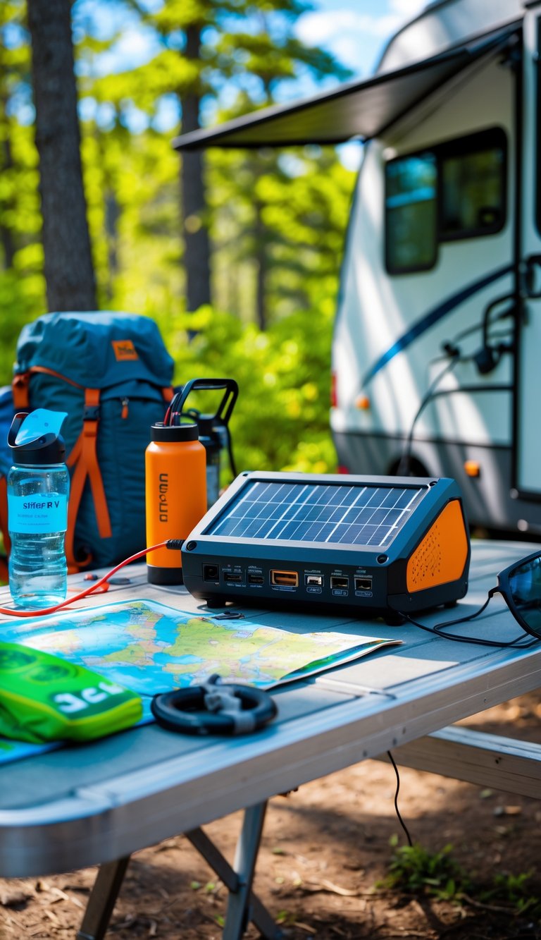 Solar battery charger on a picnic table next to an RV in a forest clearing with camping gear around.