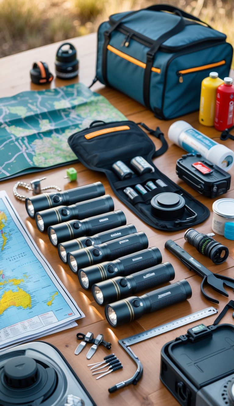 Flashlights with extra batteries and other RV travel essentials arranged on a wooden table outdoors.