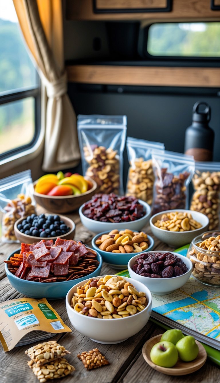 Assortment of non-perishable snacks including trail mix and jerky arranged on a wooden table inside an RV.