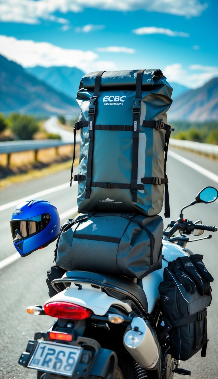 A motorcycle parked on a scenic road with a waterproof backpack secured on it, surrounded by travel gear and mountains in the background.
