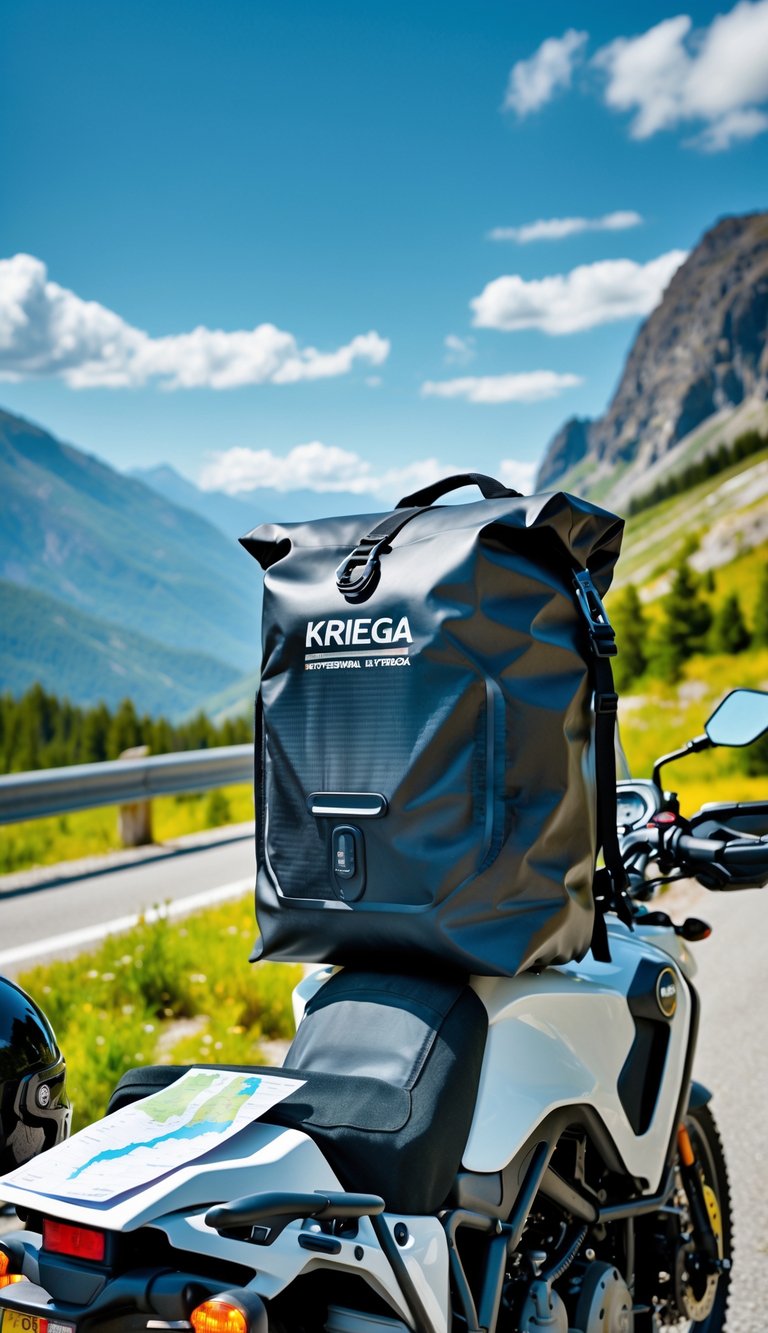 A motorcycle parked on a mountain road with a Kriega US-20 Drypack backpack attached, surrounded by outdoor gear and scenic mountains in the background.