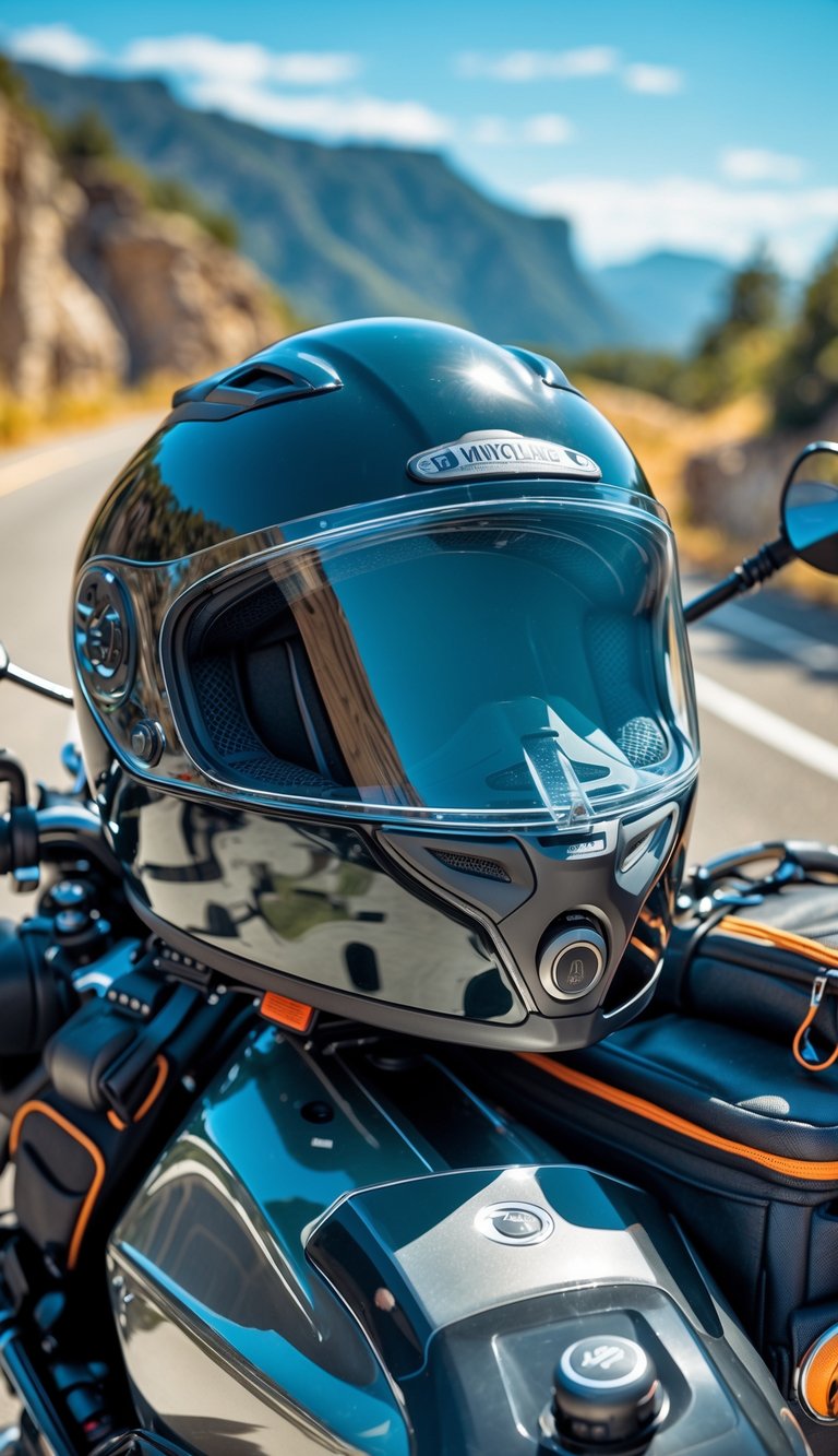 Motorcycle helmet with Bluetooth headset resting on a touring motorcycle seat, surrounded by packed travel bags on a sunny road trip.
