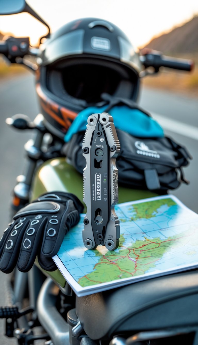 Gerber Suspension multi-tool placed among motorcycle gear including a helmet, gloves, and a backpack on a motorcycle seat outdoors.