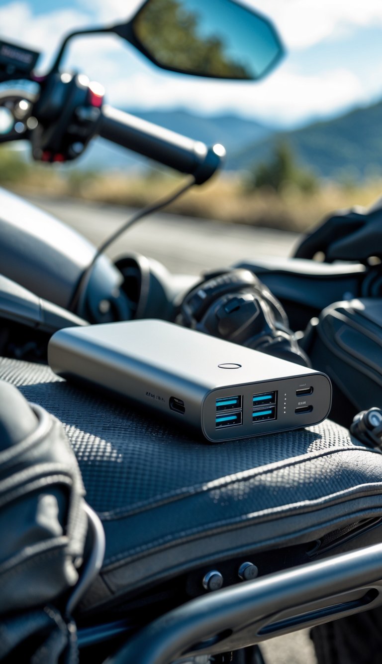 A power bank with multiple USB ports placed on a motorcycle seat surrounded by motorcycle gear outdoors.