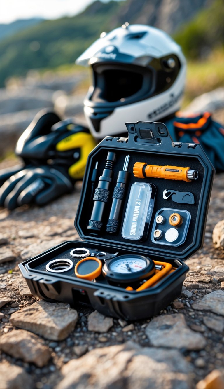 Compact tire repair kit with tools arranged outdoors next to motorcycle gear on a natural surface.