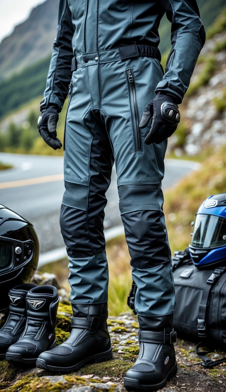 Waterproof motorcycle riding pants displayed outdoors with motorcycle gear and a scenic road in the background.